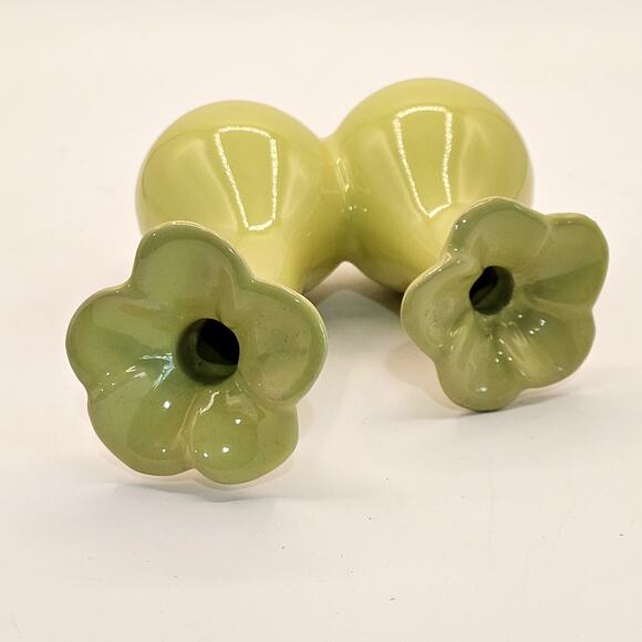 Vintage Chartreuse Double Bulb Flower Bud Vase Quirky Glazed Pottery Home Decor - Picture 3 of 6